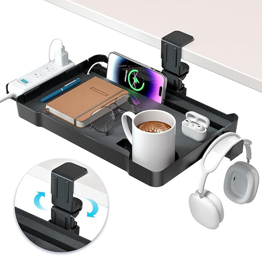 KDD Under Desk Organizer - 360° Rotating Clamp-On Tray with Headphone Hook, Phone & Tablet Holder, Cup Holder, and Cable Management - No Drilling Desk Storage Accessories for Office and Home