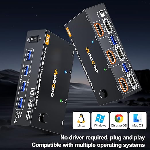 HDMI DP2.1 KVM Switch 2 Monitors 2 Computers, 8K@60Hz/4K@144Hz KVM Switch for 2 PC Sharing 2 Monitors, Keyboard, Mouse, with 2 USB3.0 Cables, Wired Controller and Power Adapter