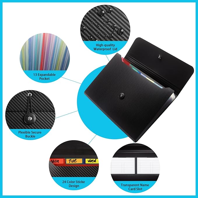 Nicfaec Expanding File Folder with 13 Pockets,Polypropylene, 12.99" x 9.45" x 1.1"for Work, School, Home, Office, Blackwhite(2Pack)