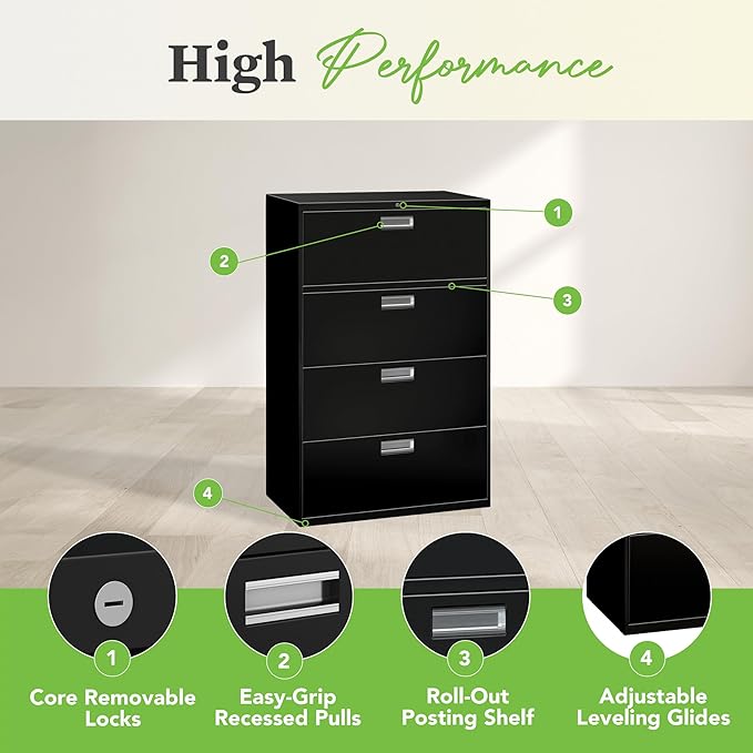 HON 4 Drawer Lateral File Cabinet with Lock, Metal Filing Cabinets for Offices, Adjustable Hangrails for A4, Legal, Letter Files, 18" Deep, Black