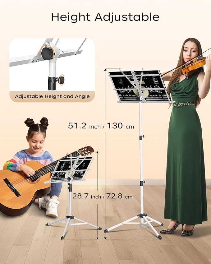 K KASONIC - Music Stand, 2 in 1 Dual-Use Folding Sheet Music & Desktop Book Stand, Portable, Lightweight with Music Sheet Clip Holder & Carrying Bag Suitable for Instrumental Performance, White