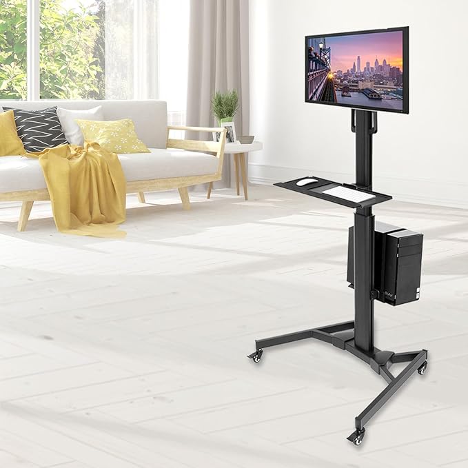 Mount-It! Computer Cart Mobile Desk Workstation with Monitor Mount for Screen up to 32", Rolling Computer Desk PC Cart, Keyboard & Mouse Tray, Rolling Stand with Adjustable CPU Holder, 63.5" Tall