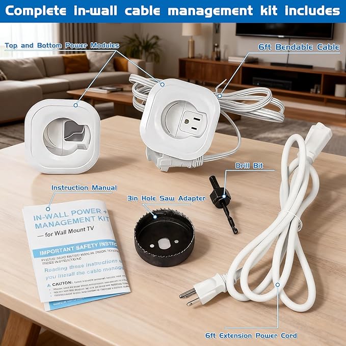 in Wall Cable Management Kit,All-in-One Voltage Adapted Cable Organizer, Streamline Wires for Living Room/Office | Easy Install Wall Wire Hider, with Drill Hardware in Wall Cable Management