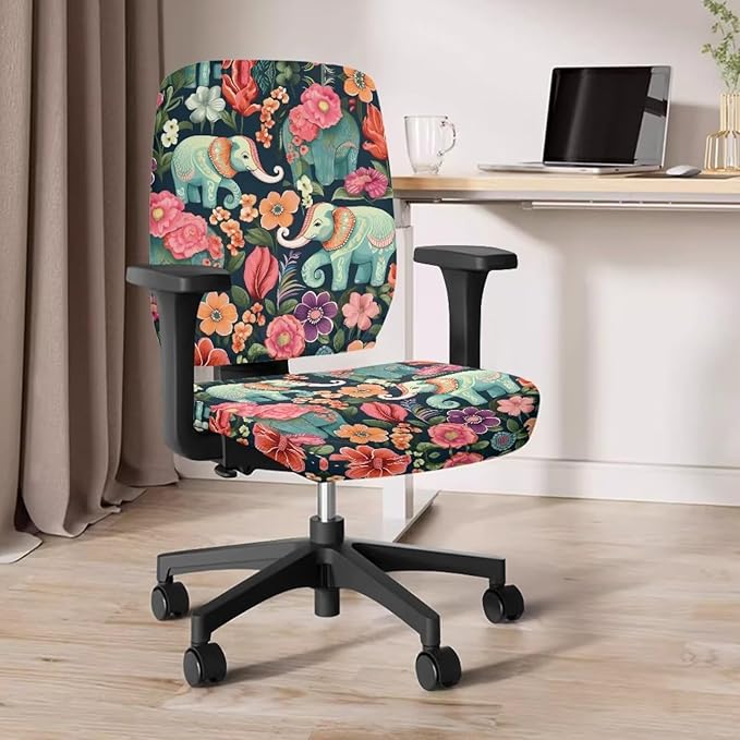 Floral Elephant Office Chair Covers Stretchable Office Chair Seat Cover 2 Piece Washable Gaming Chair Cover Universal Fit Most Wheelchairs,Computer Chairs,Gaming Chairs