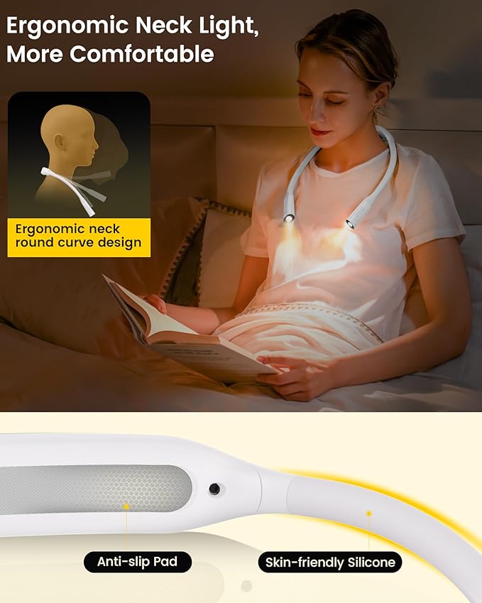 Glocusent Lightweight Neck Light for Reading in Bed, 1200mAh Rechargeable Book Light, Hands-Free Reading Light, 5 Colors, 5 Brightness Adjustable, Private Bedtime Reading for Book Lover