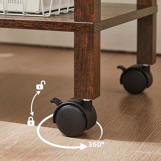 YUFAM 2 Tier Under Desk Printer Stand with Storage, Small Printer Table with Charging Station, Rolling Printer Cart Shelf with Lockable Wheels for Home, Office (Brown)
