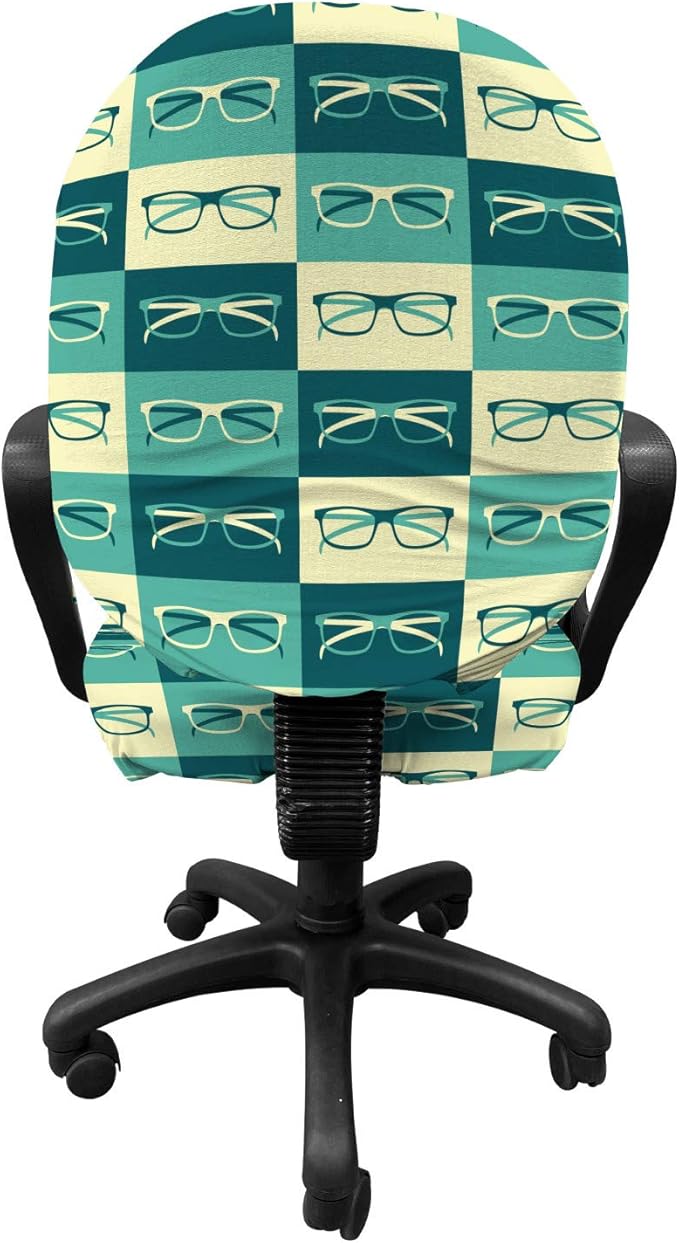 Ambesonne Indie Office Chair Slipcover, Pattern with Eyeglasses in Vintage Style Hipster Cool Design Modern, Protective Stretch Decorative Fabric Cover, Standard Size, Green Blue