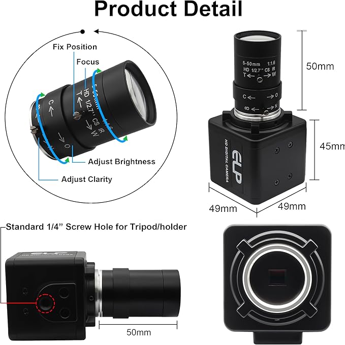 USB Camera 16 Megapixes High Resolution 5K USB Webcam with CS Mount 5-50mm Manual Varifocus Lens Close UP OpenCV Camera Free Driver Plug and Play for Windows Linux Laptop Jetson Nano