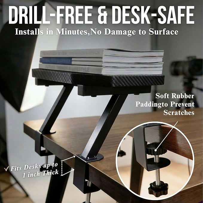 Clamp-On Dual-Layer Desk Shelf Set, Stackable Floating Desk Shelf with Carbon Fiber Textured Surface, 18mm Solid-Core Wood,(Textured Black, 1 Large + 1 Small)