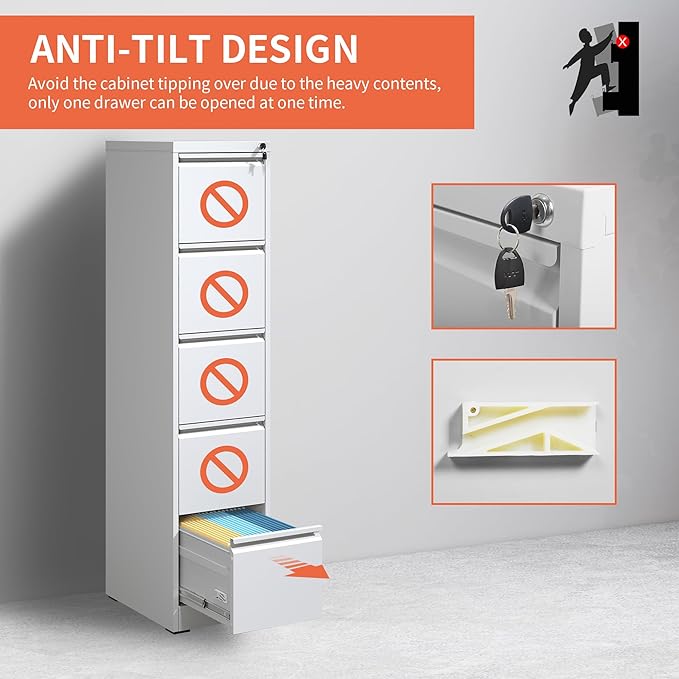 IKIMI 5 Drawer File Cabinet,Metal Filing Cabinets for Home Office,Vertical File Cabinet with Lock,Heavy Duty Metal Storage Cabinet for A4/Letter/Legal Size Files,Assembly Required