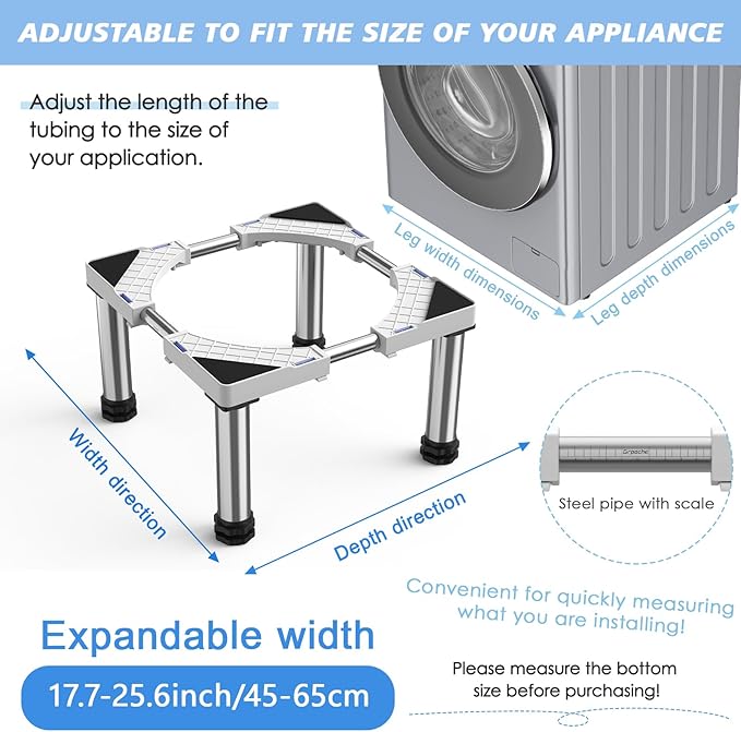 Mini Fridge Stand with 4 Strong Feet Washing Machine Stand Base 9.8"-11" Height Adjustable Universal Stand Base for Portable Refrigerator Dryer Stand Laundry Pedestal for 17.7"-25.6" Appliance, White