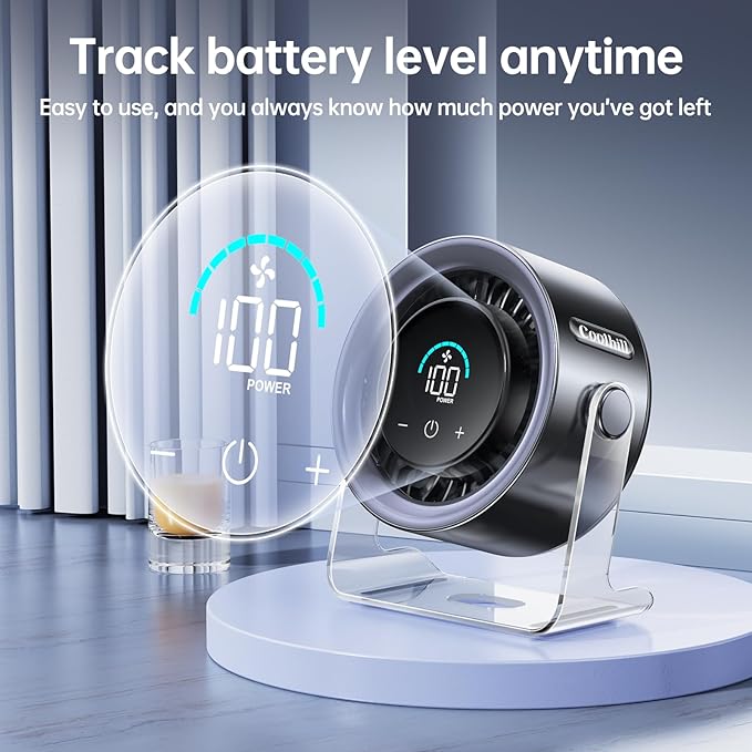 USB Desk Fan for Bedroom: 100 Speeds Digital Display Quiet Table Fan with Turbo Airflow, 120° Rotating Small Rechargeable Battery Desktop Fans for Bedroom Home Office (Black)