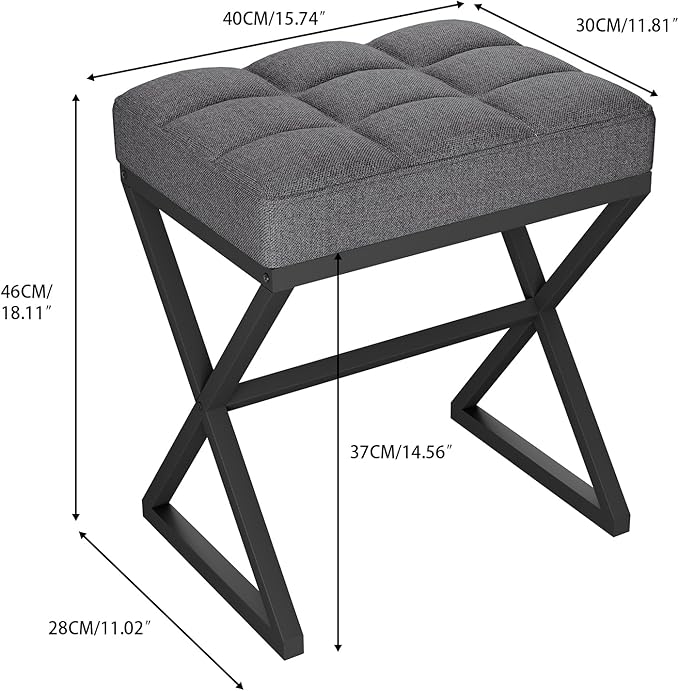 YMYNY Vanity Stool, Linen Footrest, Ottoman Bench with X-Shaped Metal Legs, Makeup Dressing Stool for Vanity, Living Room, Bedroom, Entryway, Hallways 15.74" D×11.81" W×18.11" H Grey UHBD033G