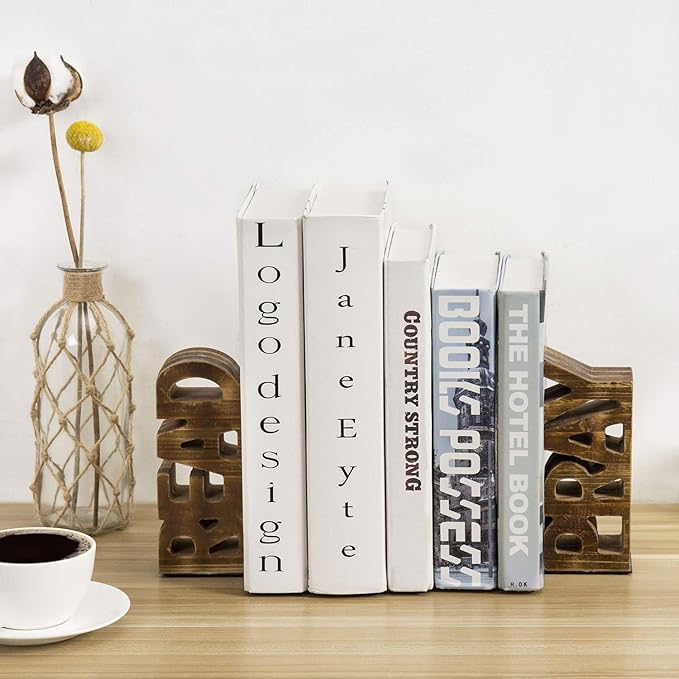 MyGift Book Ends Christian for Shelves, Wood Bookends Carved in Read and Pray Block Letters, Decorative Book Stands for Home Library Bookshelf Office Desk, Rustic Burnt Brown, 2 Pcs Set