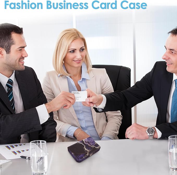 Business Card Holder，PU Leather Business Card Case Color Printing Pattern Card Holder Wallet，Pockets Magnetic Credit Card Holders for Men and Women，Purple Marble