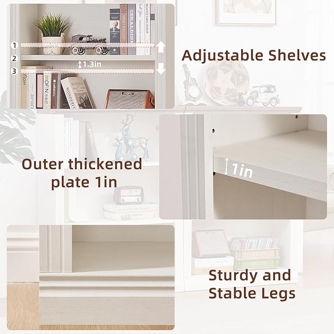 RWYHG 43" White Tall Bookshelf,3-Tier Thick Wooden Book Shelf with Adjustable Shelves,Free Standing Farmhouse Bookcase with Open Display Storage,Floor Vintage Bookshelves for Living Room,Office