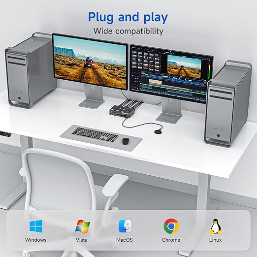 KVM Switch 2 Monitors 2 Computers 4K@144Hz 8K@60Hz, HDMI Displayport Dual Monitor KVM Switch for 2 PC Share 2 Monitors Keyboard Mouse Printer, Wired Remote,Power Adapter and USB Cable Included