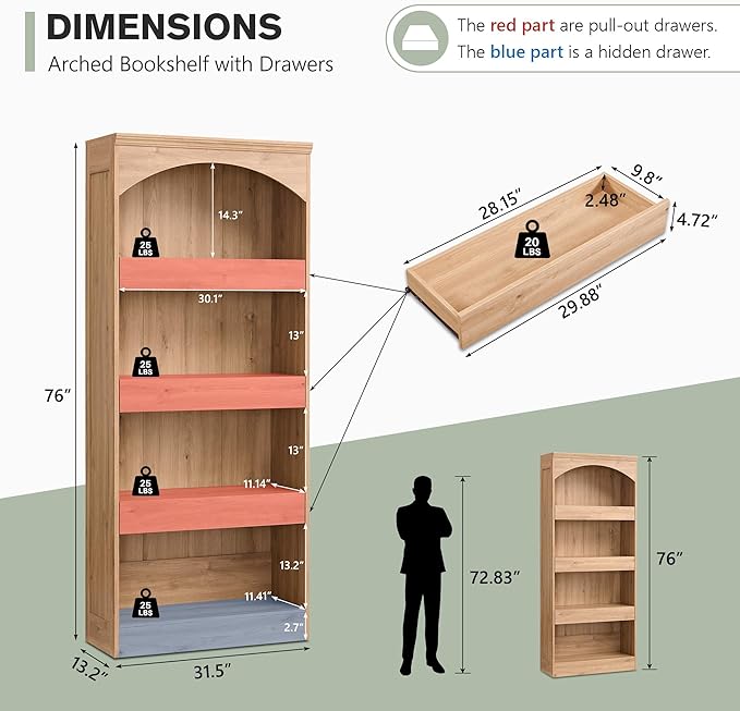 IFGET 76" Tall Arched Bookcase with 1PC Magnetic Lock Drawer, Modern Wooden Arch Bookshelf w/3 Pull-Out Drawers, Farmhouse 4 Tiers Book Shelf w/Open Shelves for Living Room, Office (Natural)
