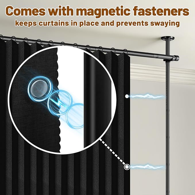 AJAZZ Room Divider Curtain (2 Panels, Black, W100 x L96 in)+ Tension Curtain Rod No Drilling (H) 43-120×(W) 35-200 in, for Privacy/Soundproof Curtains, Heavy Duty Wall Separator
