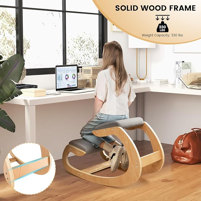 Giantex Ergonomic Kneeling Desk Chair, Rocking Knee Chair with Cushion & Solid Wood Frame, Natural Relief for Neck or Back Pain, Posture Chair for Desk, Home, Office, Max Load 330 Lbs (Grey)