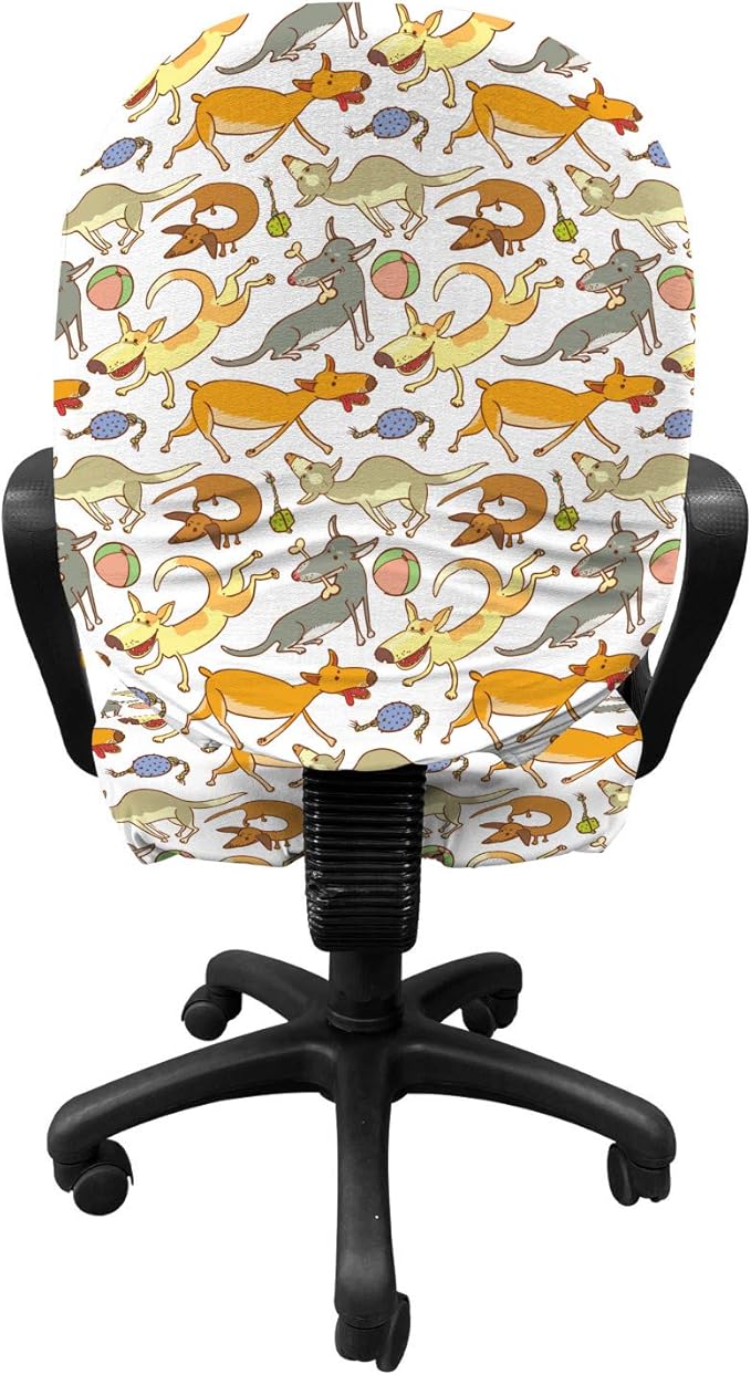 Ambesonne Dog Office Chair Slipcover, Cartoon Style Interpretation of Doggies Playing and Messing Around with Toys Print, Protective Stretch Decorative Fabric Cover, Standard Size, Coffee Brown