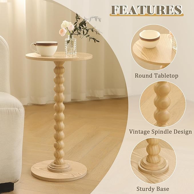 Fultyle Round Side Table, Small Drink Table for Small Spaces, Modern Accent End Table with Solid Wood Leg for Living Room, Bedroom, Corners, and Office (Natural)