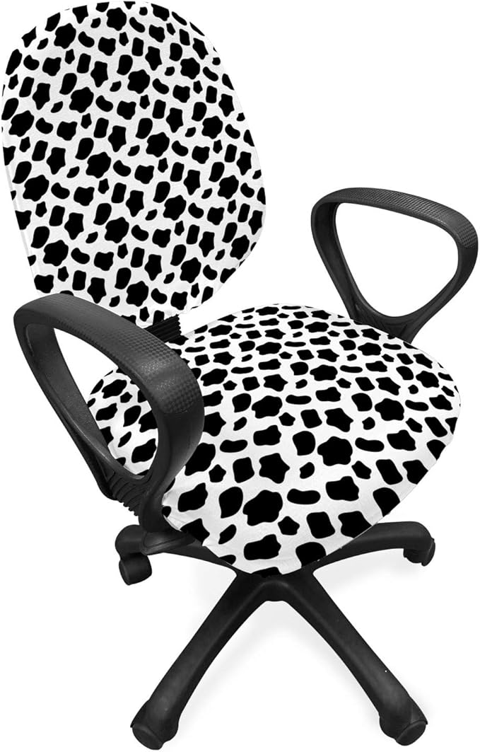 Ambesonne Cow Print Office Chair Slipcover, Cattle Skin Pattern Scattered Spots Animal Hide Plain and Pasture Theme, Protective Stretch Decorative Fabric Cover, Standard Size, White and Black