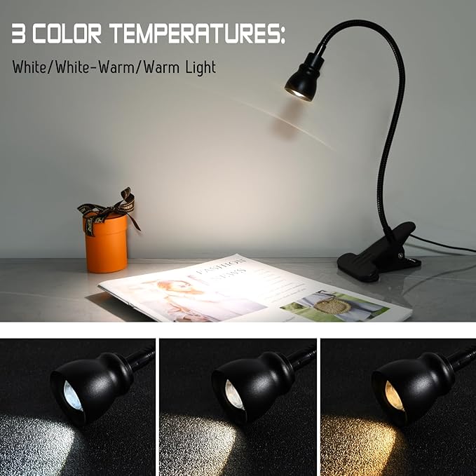 Zoomable Clip on Light, Clamp Reading Light for Dorm Bed Headboard, Dimmable Spotlight with 3 Color Temperature Options, 10 Dimmable Brightness Levels, Adjustable Beam Angle