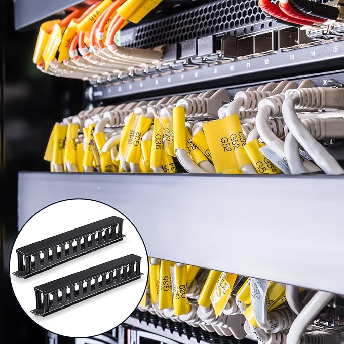 Leinuosen 2 Pcs 1U Rack Cable Management Sleeves Horizontal Mount Cable 12 Slot Management Clips Rack with Panel Cover 19 Inch for Wall Shelf Mount