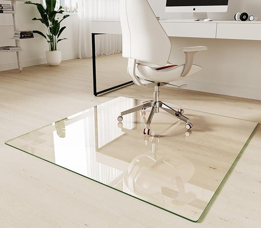 Koonmi Tempered Glass Chair Mat 46"x46" - Premium Office Chair Mat for Hardwood Floors & Low-Pile Carpet with 4 Non-Slip Pads - Thick Scratch-Resistant Surface
