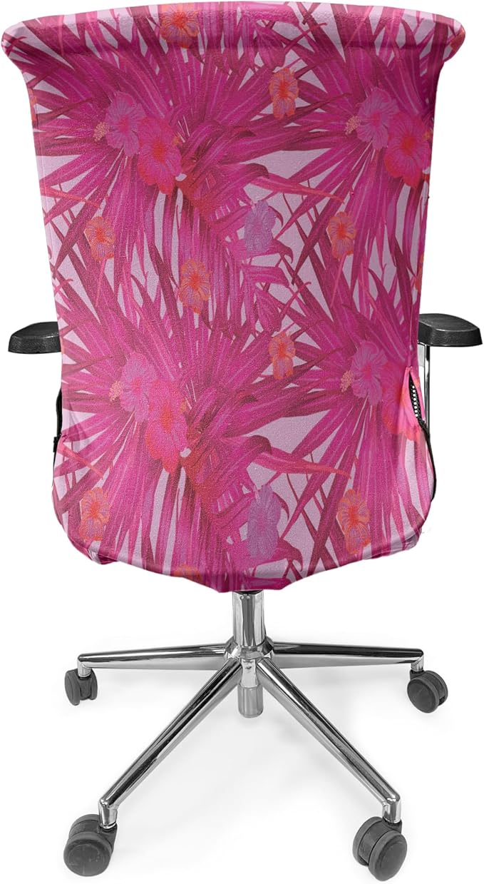 Ambesonne Hibiscus Office Chair Cover, Summer Concept Pattern of Tropical Flowers and Monstera Leaves, Stretchable Decorative Universal Size High Back Printed Slipcover, Raspberry Pink