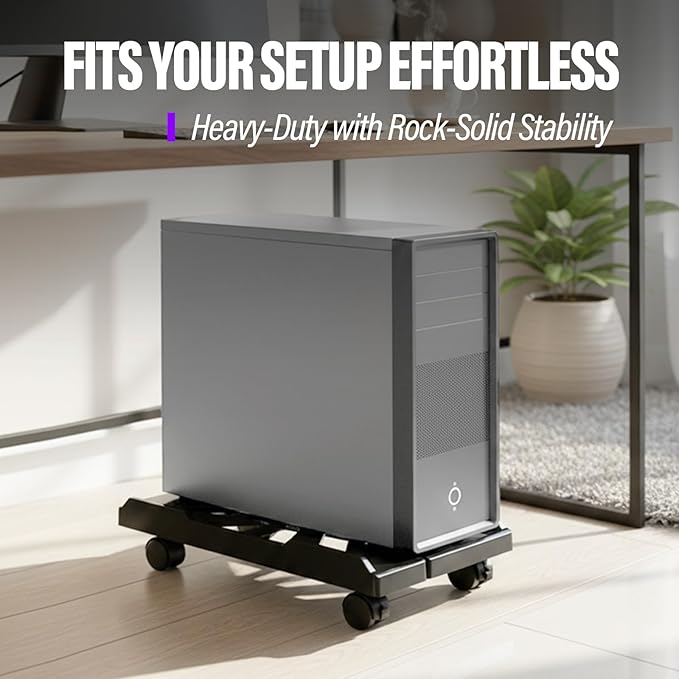 Adjustable Computer Tower Stand with Locking Wheels | Mobile CPU Holder for Floor or Under Desk | Fits PC Towers 8.7"–11.8" Wide | Rolling Computer Case Stand for Home Office & Gaming