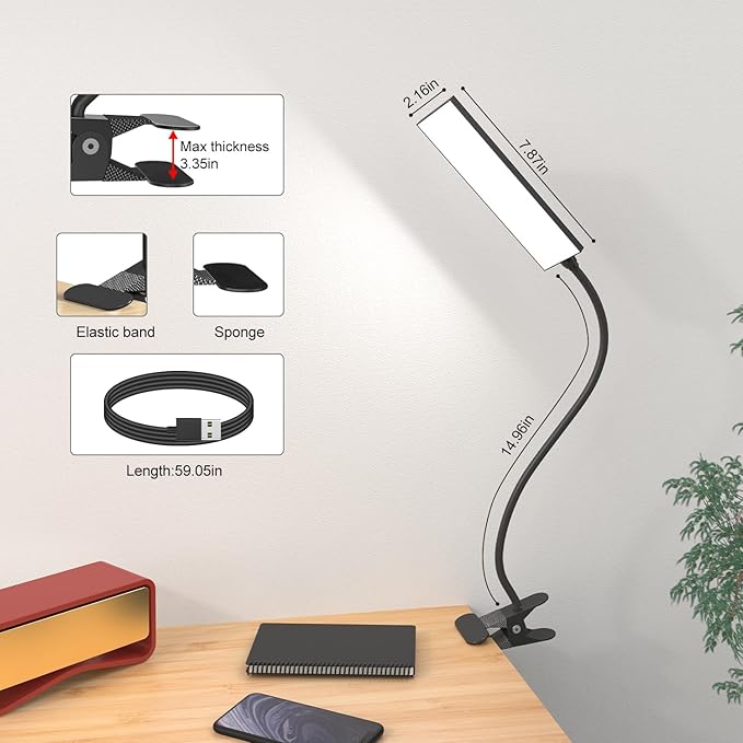 Clip On Desk Lamp, 5 W Rechargeable Reading Light, 400LM Book Light, 6 Level Brightness 3 Color Modes, Adjustable Neck Lamp for Desk, Bedside, Study