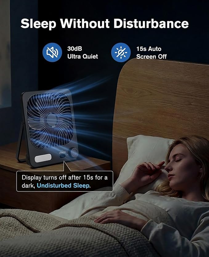 WHATOOK Small Desk Fan Rechargeable - 10000mAh Battery Operated Portable Fan with 100 Speeds & Night Light, Ultra Quiet Personal Desktop Fan for Bedroom, Office, Camping & RV Tent (Black)