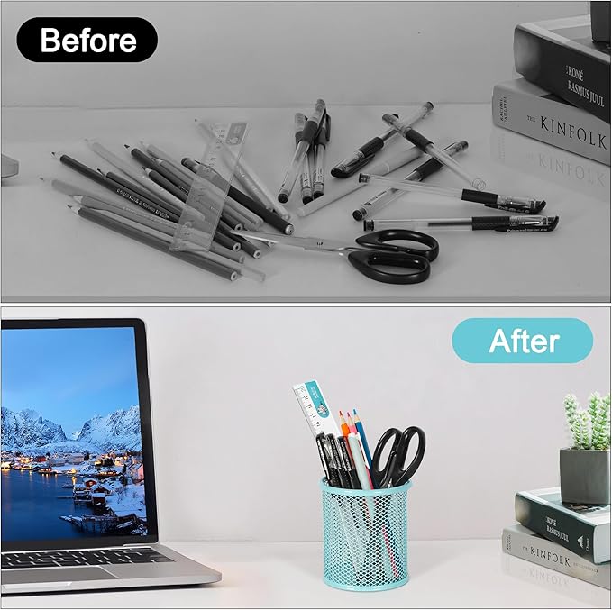 EasyPAG Pencil Holder for Desk, 2 Pack Metal Pen Organizer, Mesh Pencil Cup Organizer for Home, Office, Classroom, School, Light Blue