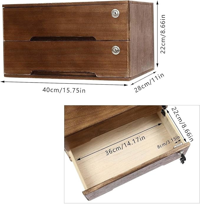 Wooden Desk Organizer with Drawers & Lock, Desktop Countertop Storage Cabinet Lockable Home Office Supplies File Tabletop Organizing Unit (2 Drawer - Retro Walnut)