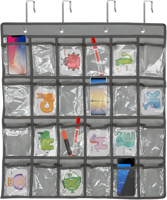 DOITOOL 24 Clear Pockets Classroom Pocket Chart for Cell Phones Calculator Holder Over The Door Hanging Closet Jewelry Organizer Clear Pocket Chart Organizer for Classroom Cellphone Storage