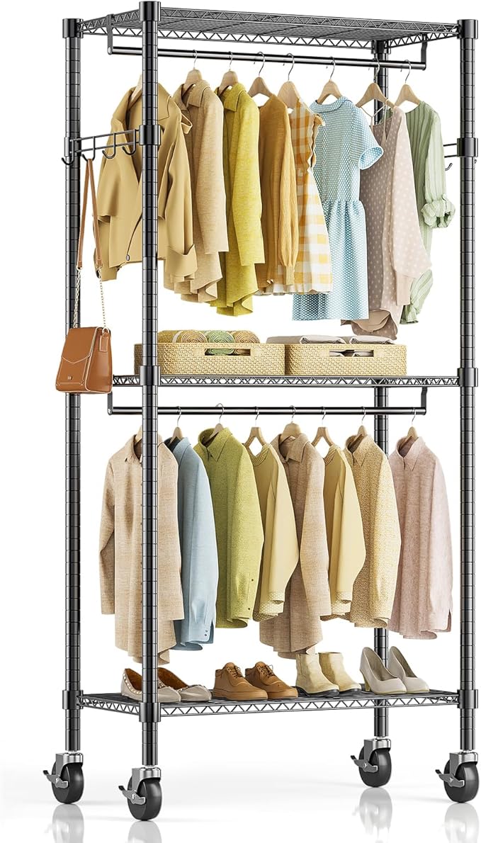 Simple Deluxe Rolling Clothes Rack, Heavy Duty Clothing Rack, 3-Shelf Portable Adjustable Wardrobe Closet with Wheels, Hanging Rods & Side Hooks, 29.5" W x 15.7" D x 75.6" H, Black