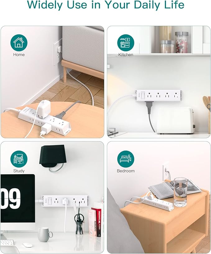 Flat Plug Power Strip, Ultra Thin Flat Extension Cord - Addtam 12 Widely AC 3 Sides Multiple Outlets, 5Ft, Wall Mount, Desk Charging Station for Home Office Dorm Room Essentials