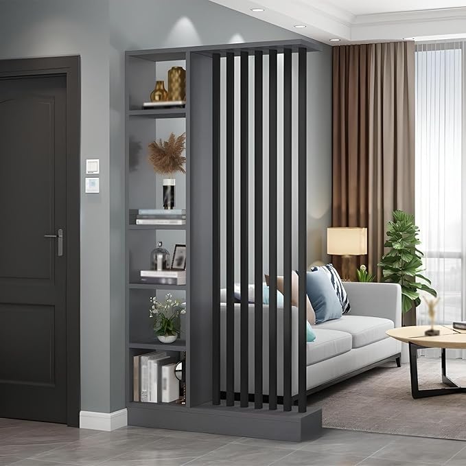 Room Divider with Shelves, Entrance Hall Partition Screen Column Floor to Ceiling - Freestanding Room Divider with Storage Shelf, Freestanding Decor for Bedroom (A Gray + Black, 39.4in / 100cm)