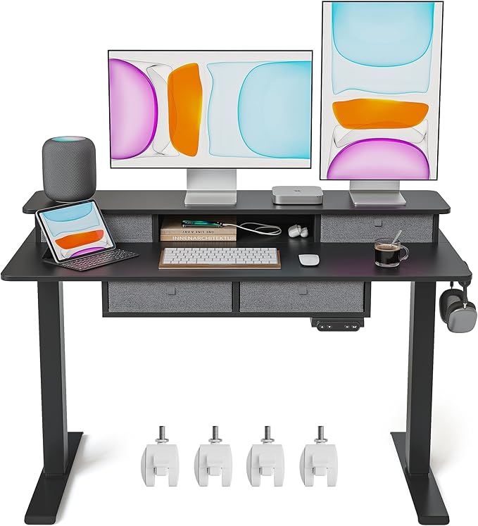 BANTI Height Adjustable Electric Standing Desk with 4 Drawers, 48 x 24 Inch Table with Storage Shelf, Sit Stand Desk, Black Top