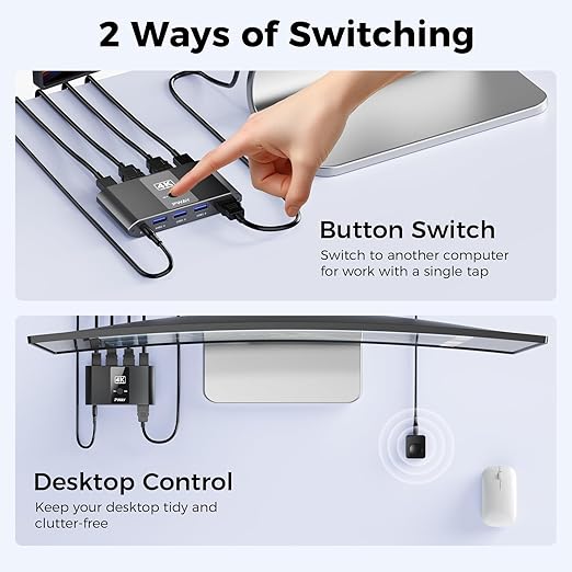 4K@60Hz HDMI Kvm Switch 1 Monitors 2 Computers, Sharing USB Devices with 3 USB 3.0 Ports, Supports Wired Remote and Button Control, EDID Compatible, Suitable for Laptop/Desktop