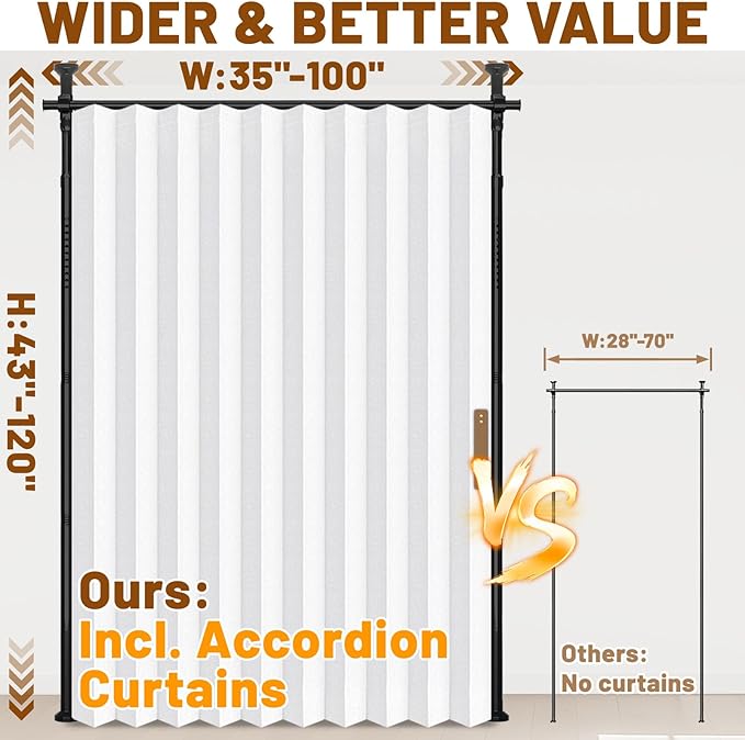 AJAZZ Privacy Curtains for Room Divider with Blackout & Soundproof (White, W100 x L84 in, 1 Panel)+ No Drill Curtain Rod(H) 43-120×(W) 35-100 in, Wall Divider for Bedroom/Studio/Office Curtain
