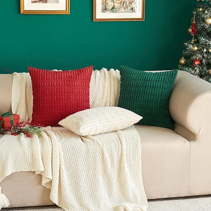 MIULEE Pack of 2 Dark Green Corduroy Decorative Christmas Pillow Covers 12x20 Inch Soft Boho Striped Throw Pillow Covers Modern Farmhouse Home Decor for Sofa Living Room Couch Bed