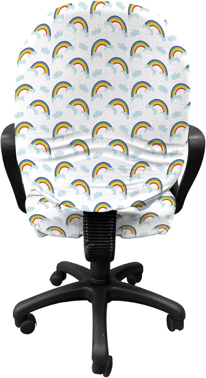 Ambesonne Rainbow Office Chair Slipcover, Rainbows Over Clouds Dreamy Sky Creative Joyful Playroom, Protective Stretch Decorative Fabric Cover, Standard Size, Blue Red Yellow