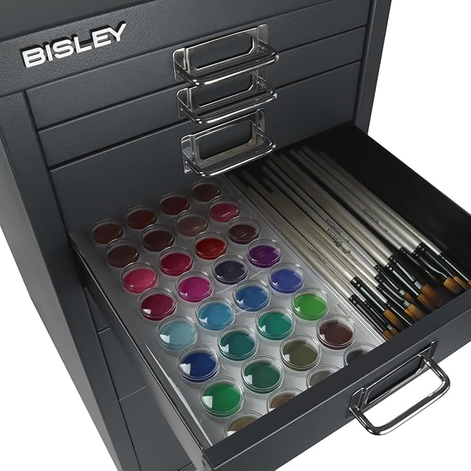 Bisley 8-Drawer Steel MultiDrawer Cabinet - Anthracite Grey, Chrome Pull Handles with Label Holders, Powder-Coated Steel, Removable Drawers, Fits Under Most Desks, Labels Included