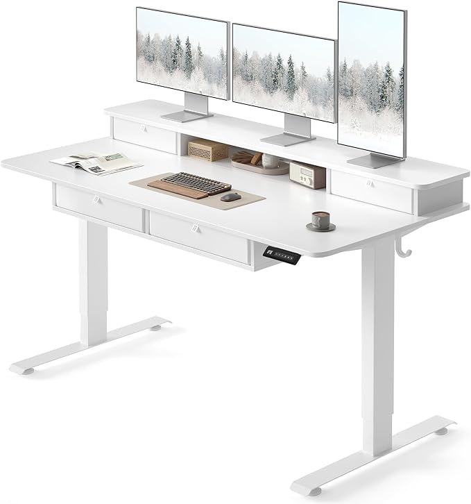 FEZIBO 55 x 30 inch Standing Desk with Drawers, Height Adjustable Electric Workstation, Computer Sit Stand Up Table with Large Storage Shelf 4 Drawers and 2 Hooks, White