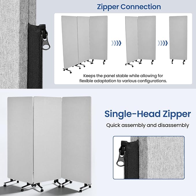 72in 3-Panel Soundproof Room Divider with Wheels, Heavy-Duty Acoustic Partition Temporary Wall for Noise Reduction, Portable Divider for Home Hospital Library Classroom - Light Grey