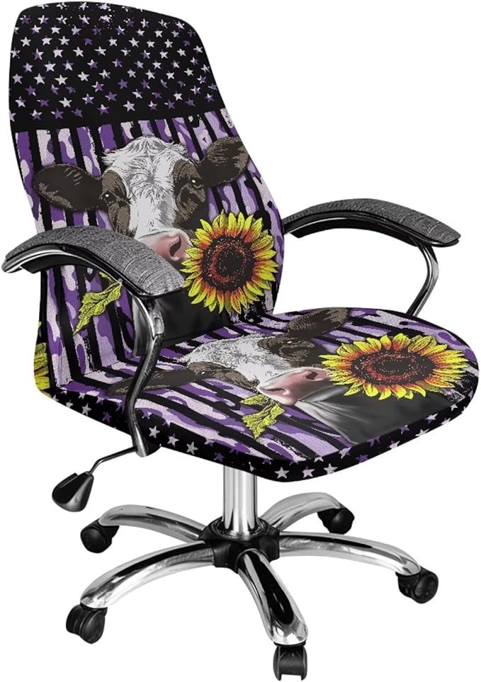 Talayituse Cow Sunflower Camo American Flag Print Office Chair Cover Universal Stretch Desk Chair Cover, Anti-Slip Computer Chair Slipcovers with Elastic Bottom, S