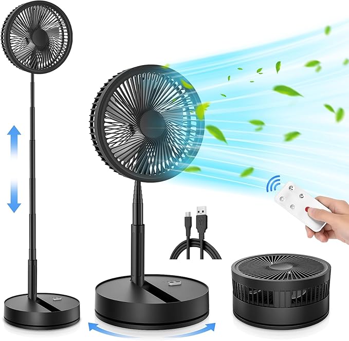 LIPETY Portable Foldable Rechargeable Oscillating Fan Battery Operated Table Desk Fan Folding Standing Pedestal Fans for Bedroom Rome Office Camping Travel (black, 8.6 inch)